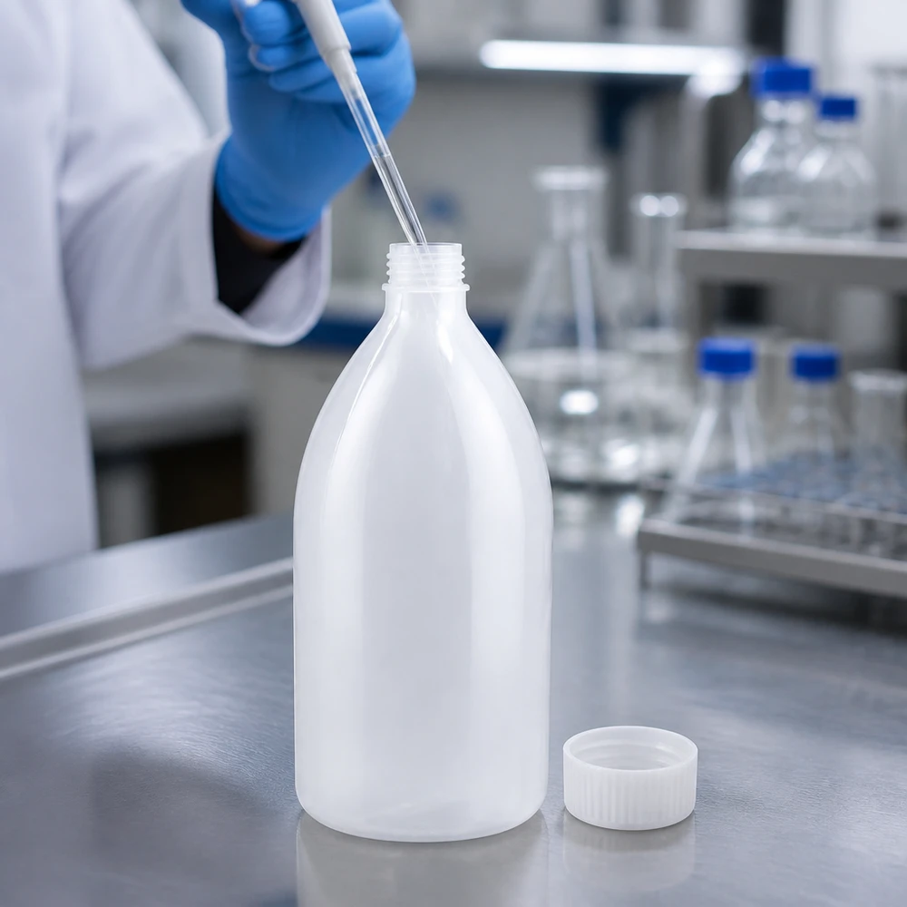 1000ml laboratorieflaska med smal hals utan lock 1000 ml laboratorieflaska med smal hals, vit och ogenomskinlig, utan lock, på en arbetsbänk av rostfritt stål