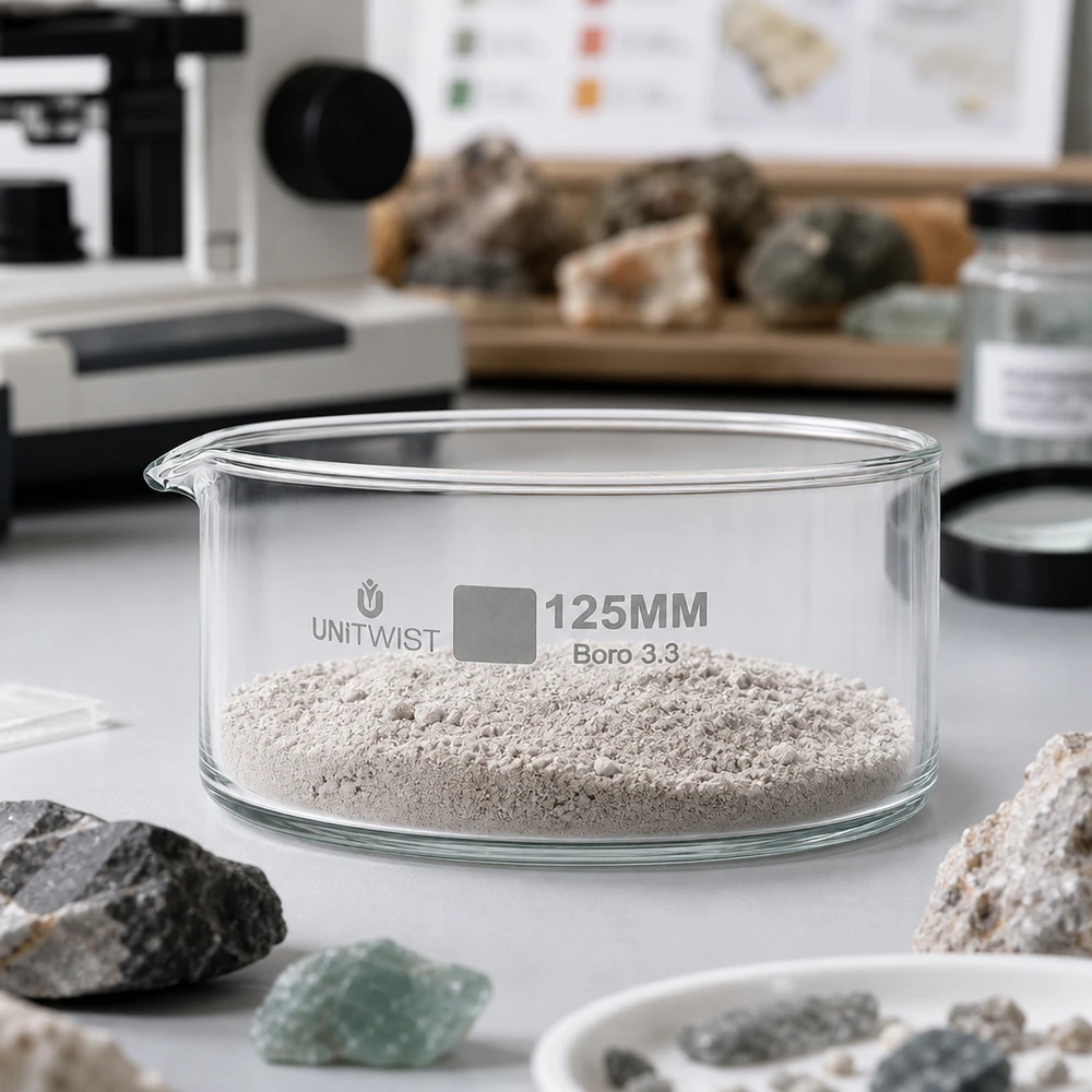 Kristallisationskärl ø125 mm, borosilikatglas UNiTWIST Kristallisationsskål 125 mm UNiTWIST Boro 3.3 med malet bergartsmjöl i ett mineralogiskt laboratorium