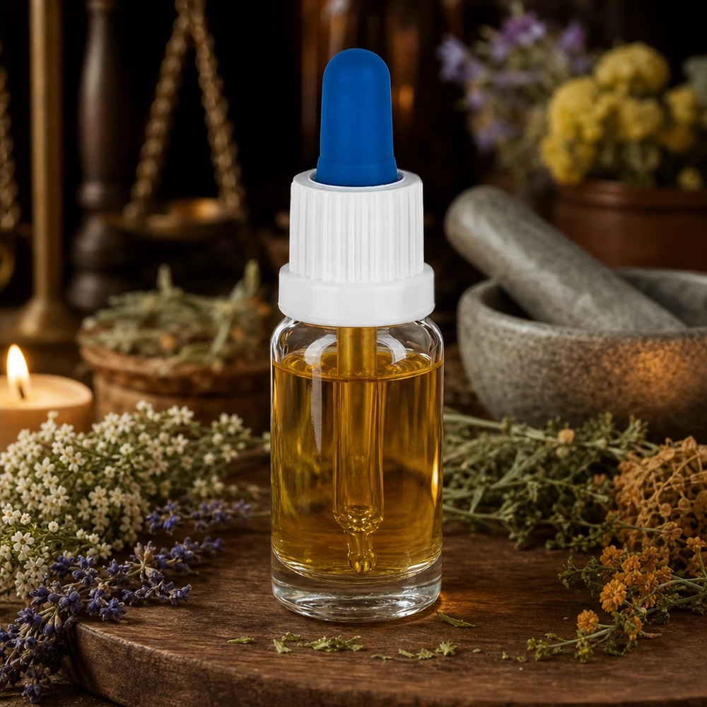 Aromaterapiflaska med pipett, 10 ml, med örtmortel och våg i apotekstil