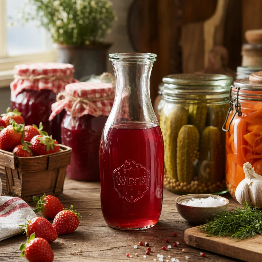 WECK juiceflaska 1062ml fylld med röd jordgubbsjuice omgiven av färska jordgubbar och konserveringsburkar i köket