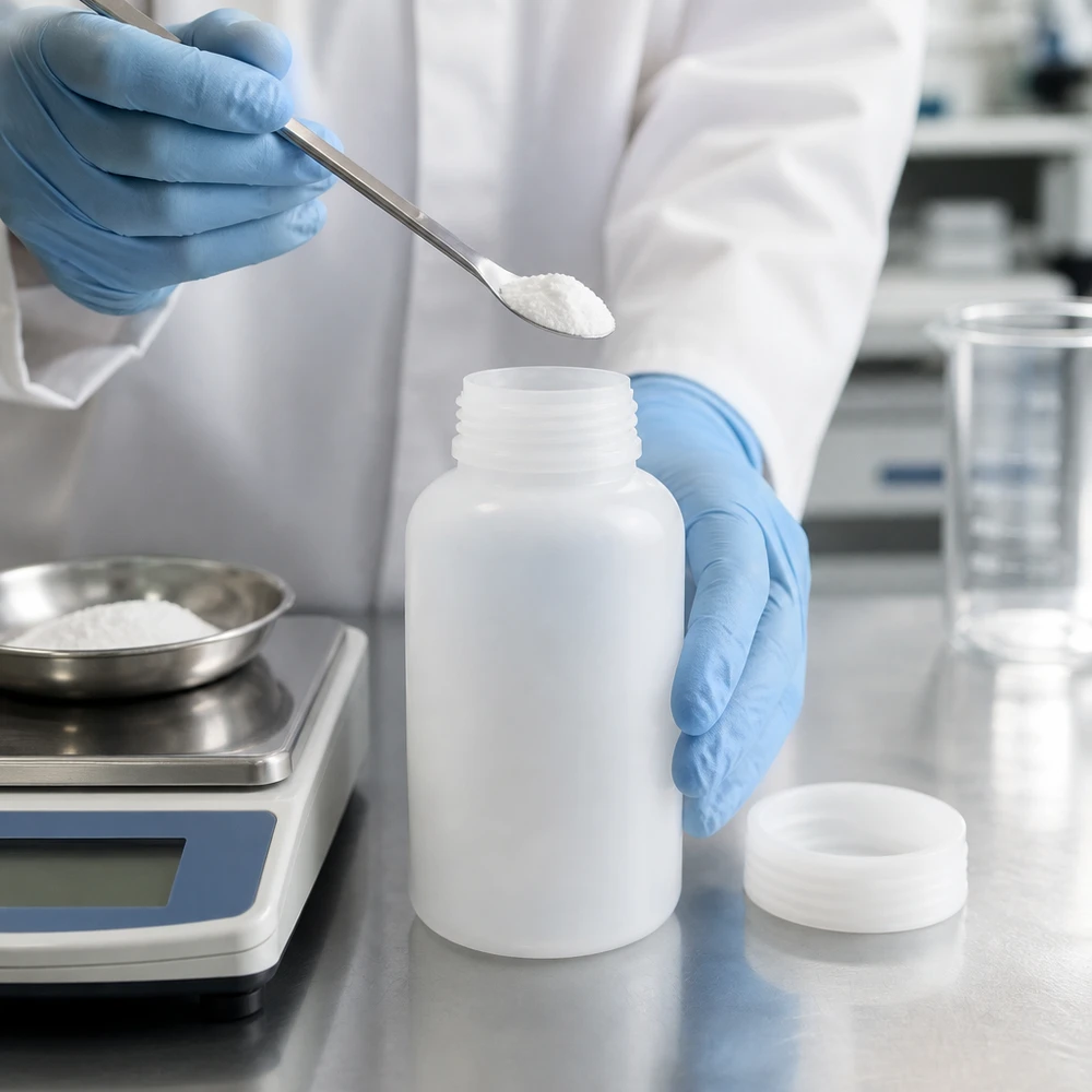 500ml laboratorieflaska med bred hals utan lock Laboratorieteknikern fyller en 500 ml laboratorieflaska med vid hals med vitt pulver med hjälp av en spatel