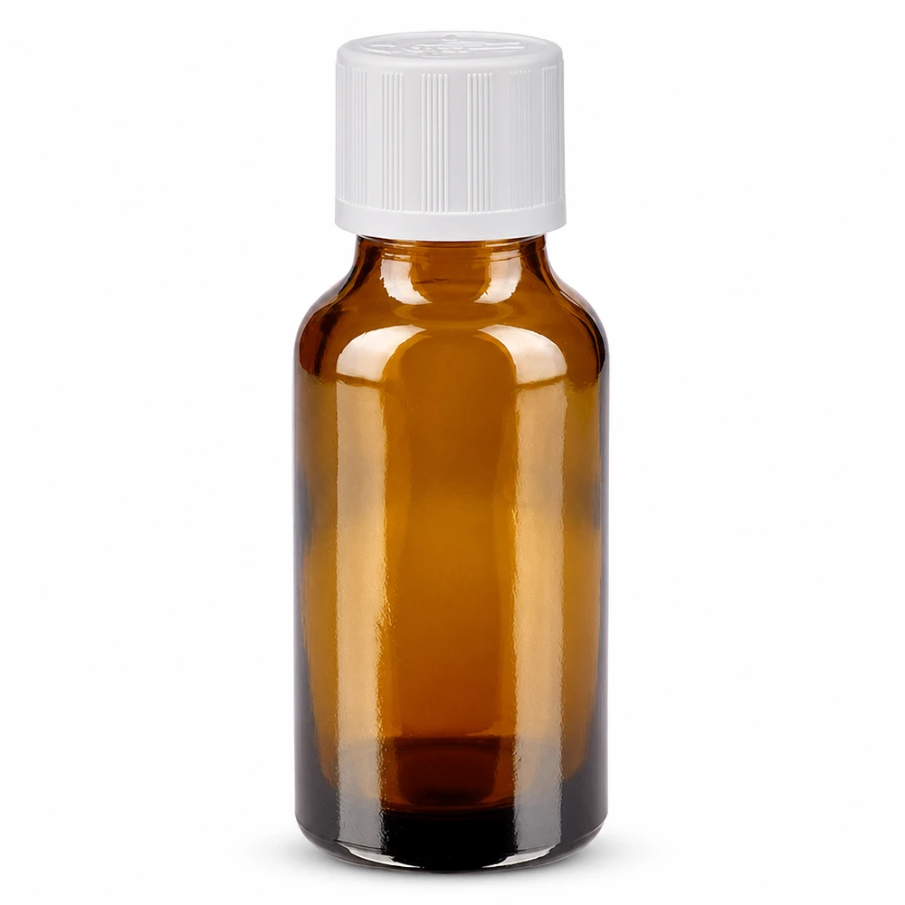Apoteksflaska brun 20ml skruvkork vit barnsäker standard 20 ml brun apoteksflaska med vitt barnsäkert lock, tillverkad av högkvalitativt brunt glas
