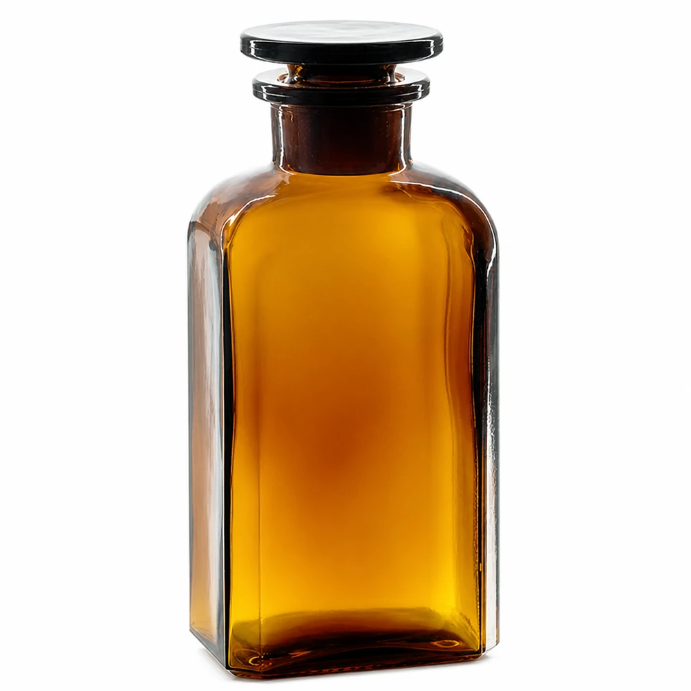 Fyrkantig flaska, 250 ml, brun, med glaspropp och vid hals, för laboratorier och apotek