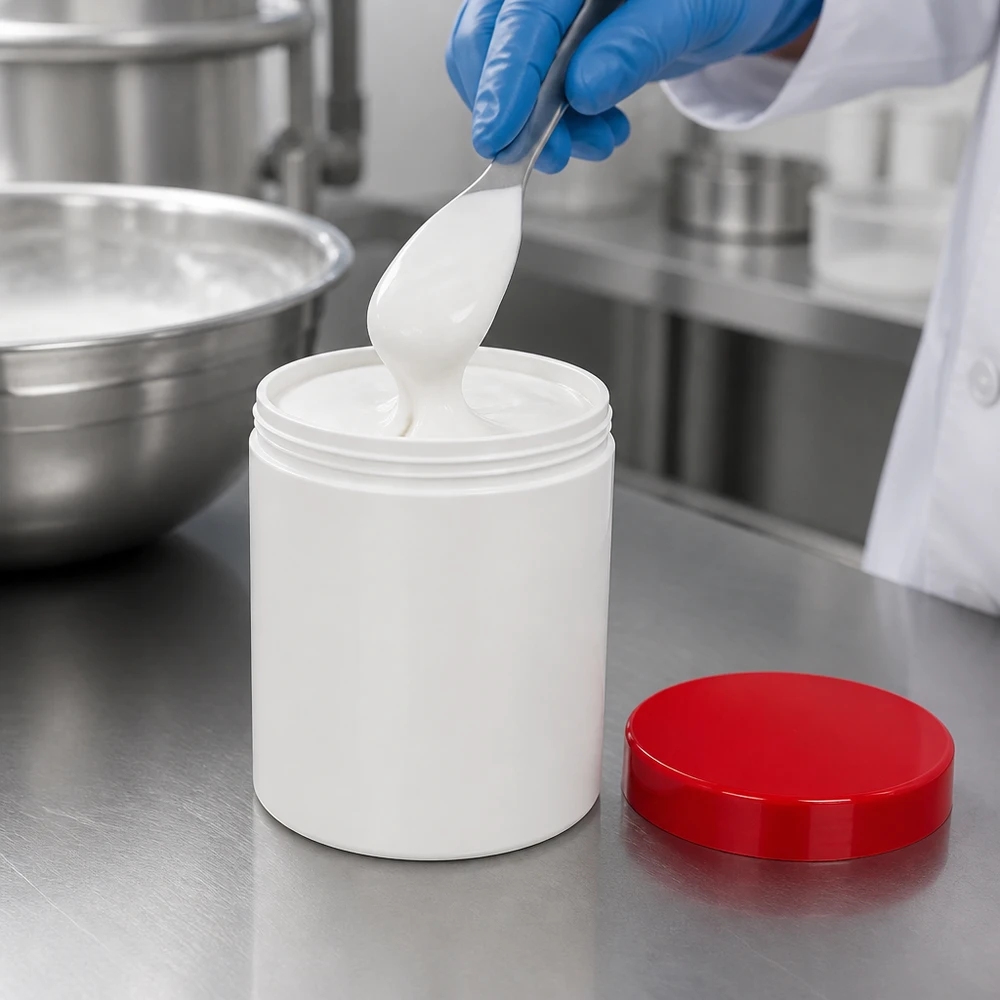 Salvburk 300g vit med rött skruvlock (polypropylen) Rund salvorburk på 300 g av PP-plast med rött skruvlock på ett bord av rostfritt stål