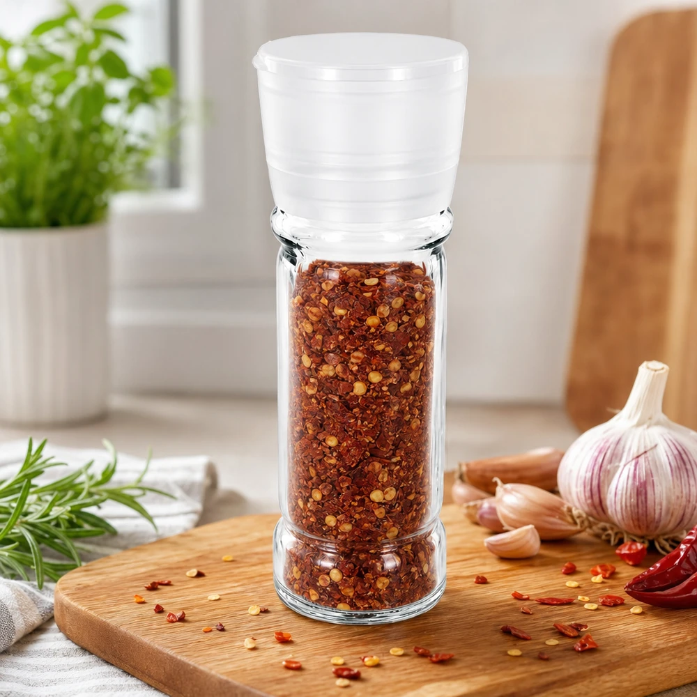 Salt- och kryddburk 100 ml med kvarn, Vario, vit Kryddburk på 100 ml med vit kvarn, fylld med chiliflingor, på en skärbräda av trä