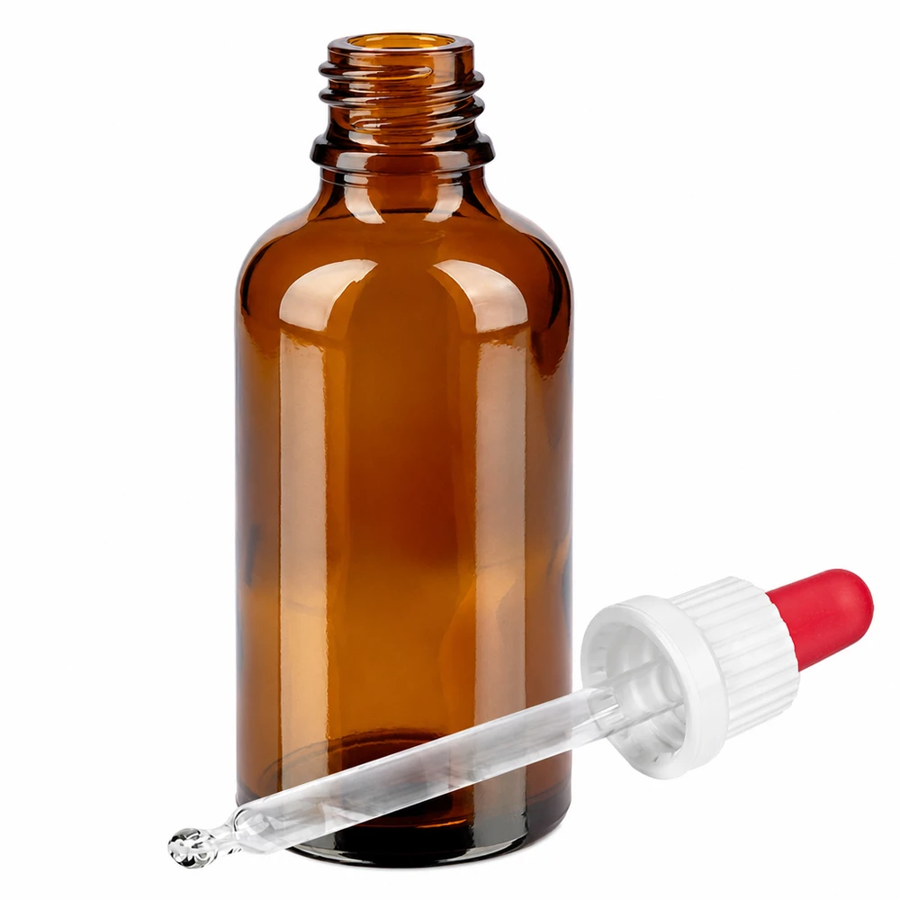 50 ml pipettflaska vit/röd med säkerhetsförslutning BrownLine UT18/50 Brun 50 ml glasflaska med droppipett - perfekt för eteriska oljor och laboratorietillämpningar