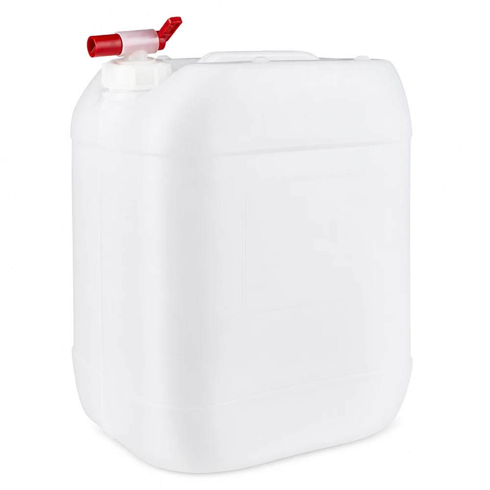 20 liters dunk med avtappningskran Vit 20-liters plastdunk med röd utloppskran tillverkad av HDPE-plast