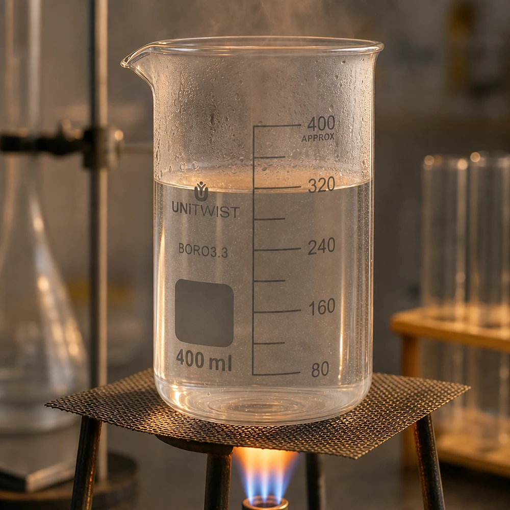 Bägare 400ml borosilikat, högformad UNiTWIST UNITWIST bägare i borosilikatglas, 400 ml, hög form, uppvärmd över en bunsenbrännare på ett trådnät