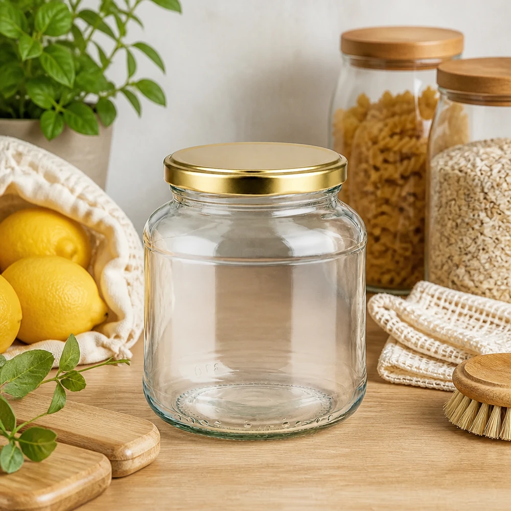 370 ml oval burk tom med gyllene BasicSeal-lock UNiTWIST i en naturlig köksmiljö med citroner och örter