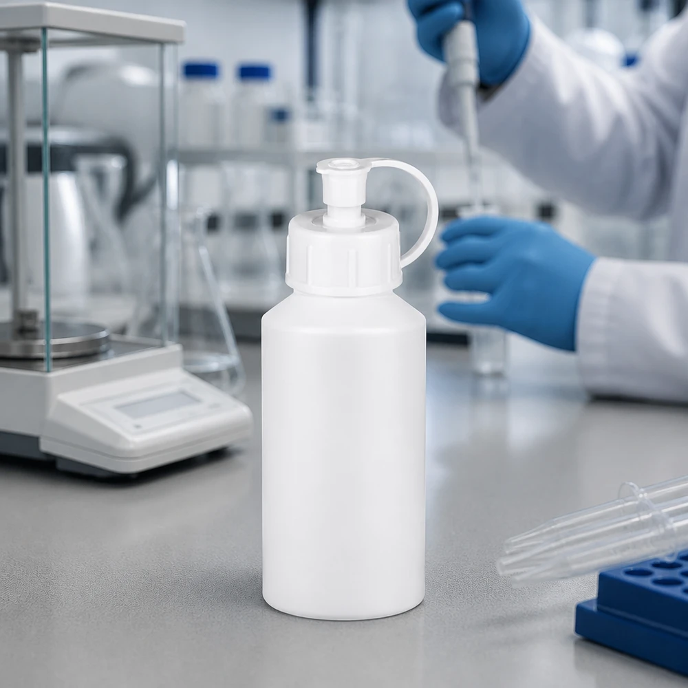 Apoteksflaska HDPE 50ml vit med spraylock Vit HDPE-apotekflaska på 50 ml med sprutlock på laboratoriebordet bredvid analysvågen
