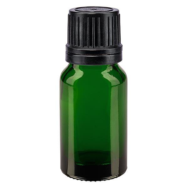 Apoteksflaska grön 10ml med svart skruvkork och svart hällring Apoteksflaska grön 10ml med svart skruvkork och svart hällring