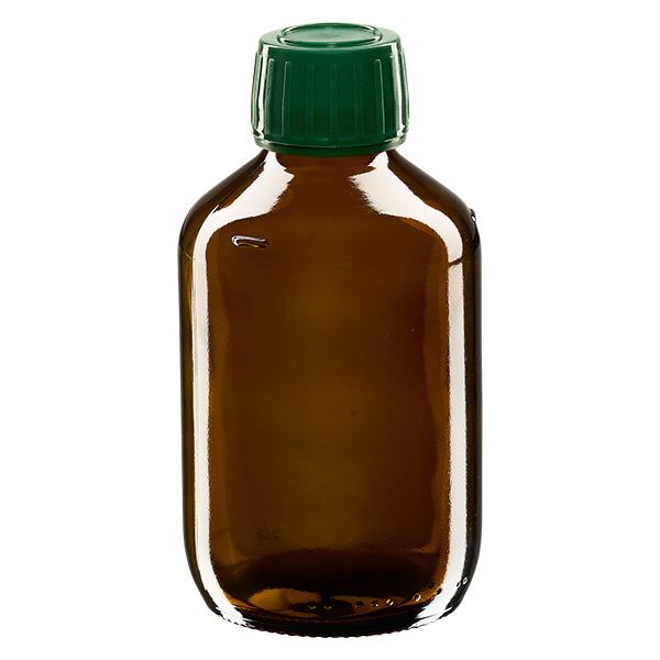 200 ml medicinflaska brun, grönt lock med säkerhetsring ApoGlas 200 ml medicinflaska brun, grönt lock med säkerhetsring ApoGlas