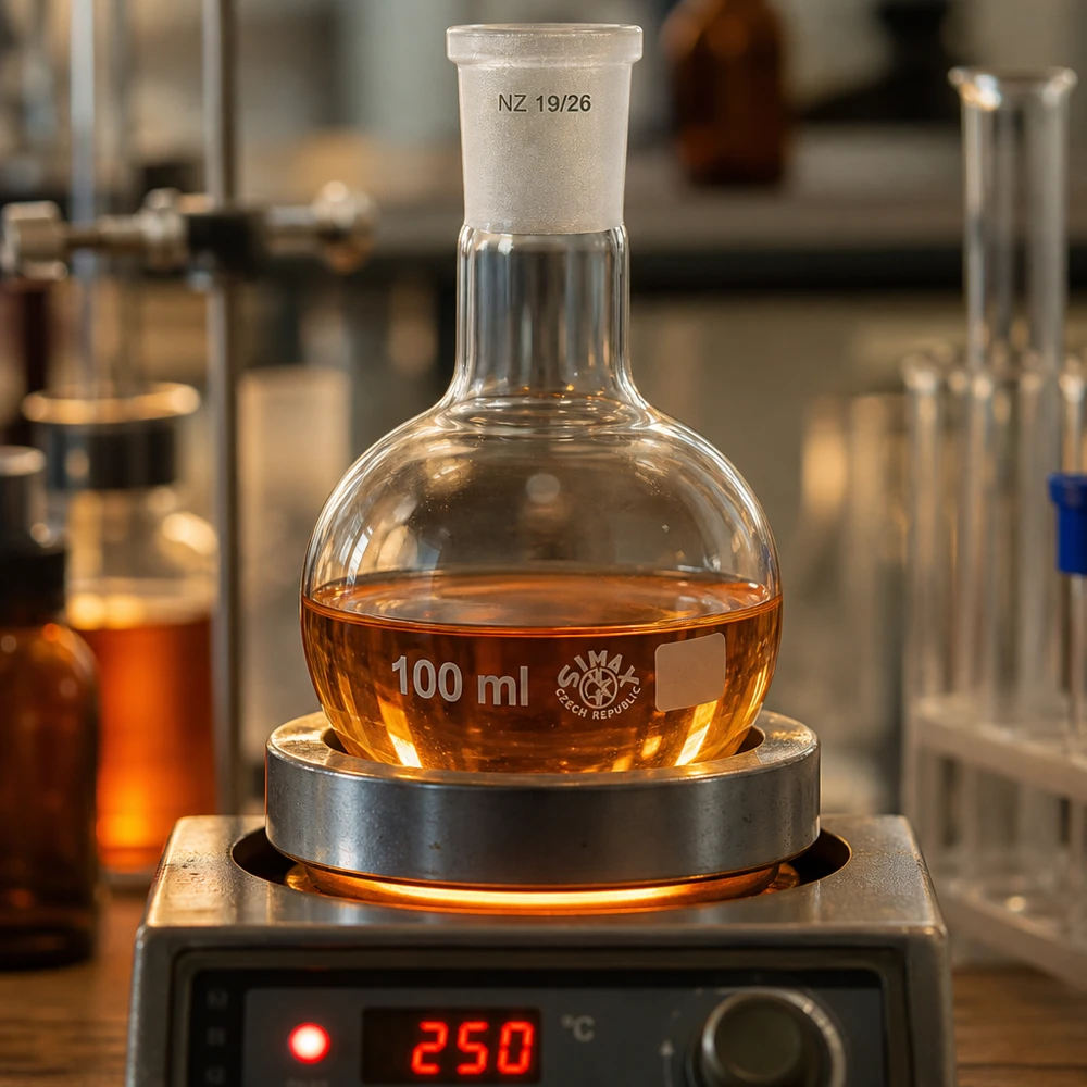 Stående kolv 100ml på värmeplatta vid 250°C - värmebeständigt laboratorieglas med 19/26 standard slipad fog