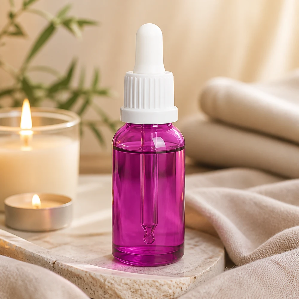 Premium 20 ml pipettflaska av högkvalitativt glas i lila för serum och oljor