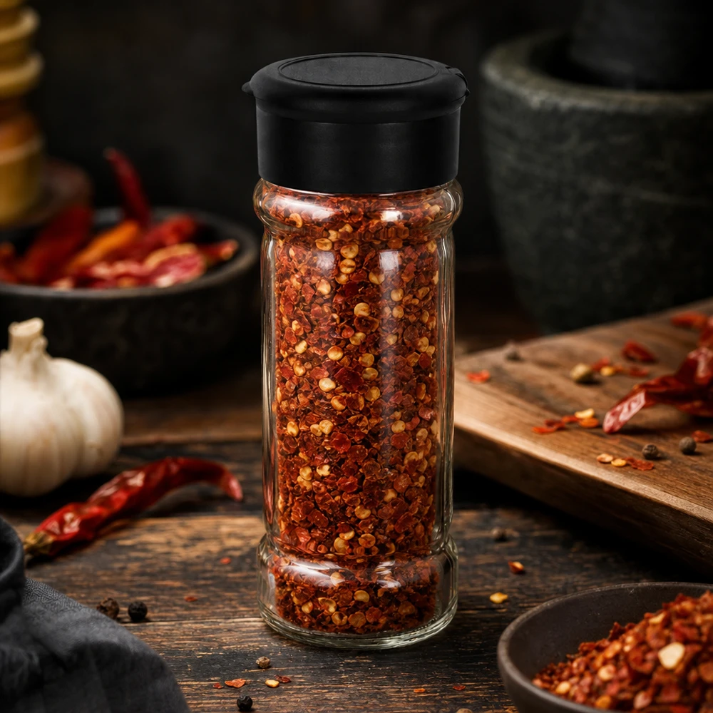 Salt-/kryddburk 100 ml med ströare, svart Kryddburk på 100 ml fylld med chiliflingor och svart strölock på träunderlag