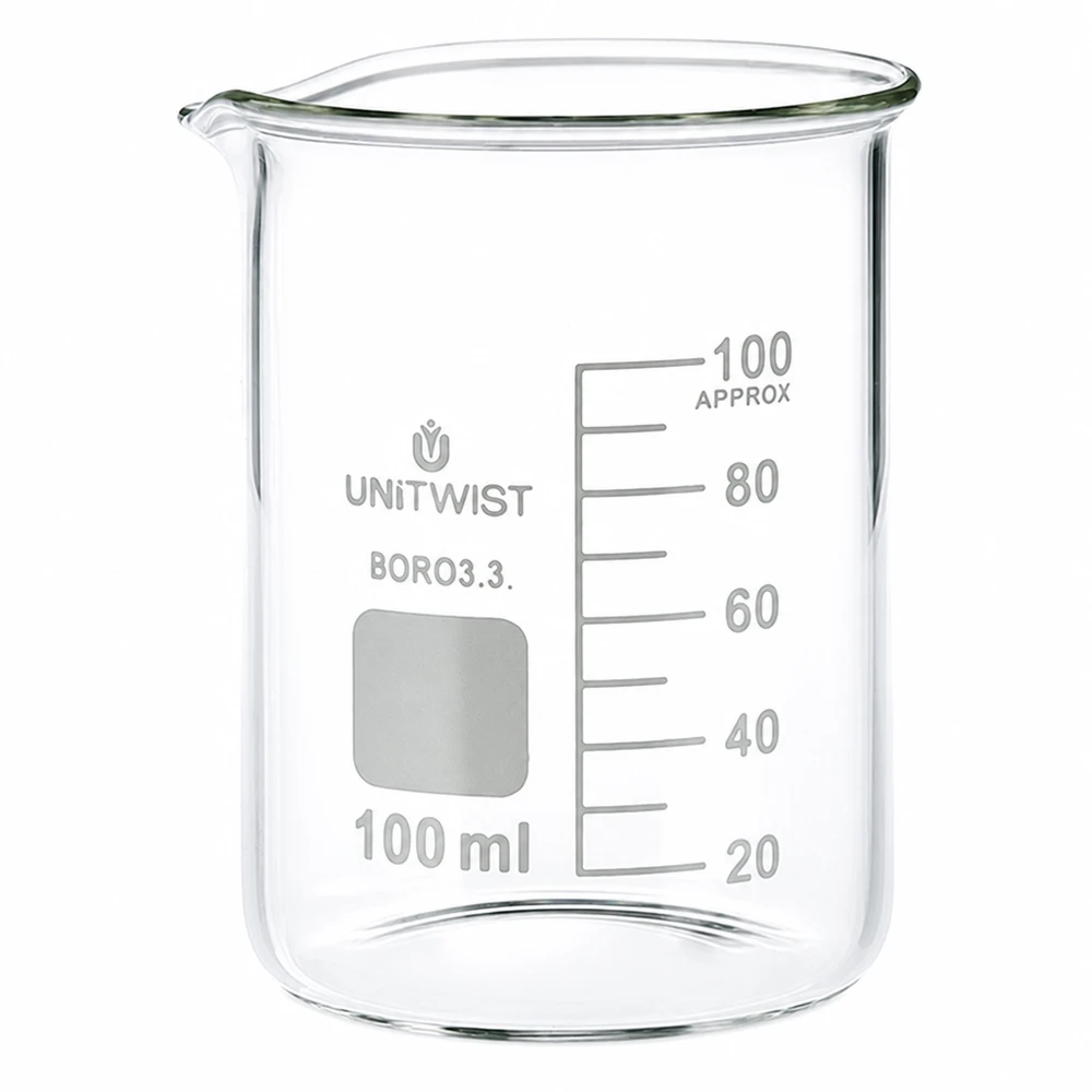 100 ml bägare i borosilikatglas i låg form från UNiTWIST med milliliterskala