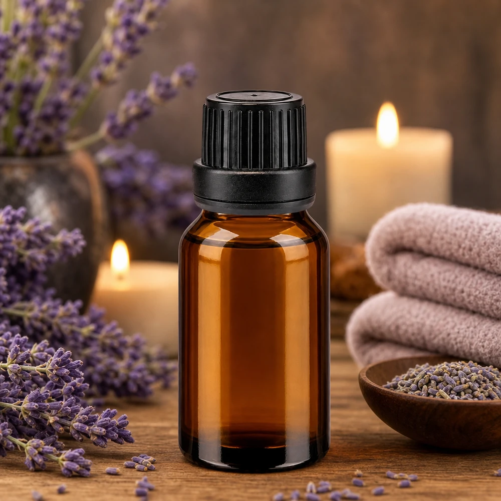 En brun apotekarflaska på 15 ml med lavendel och ljus, arrangerade i en avslappnad spa-atmosfär