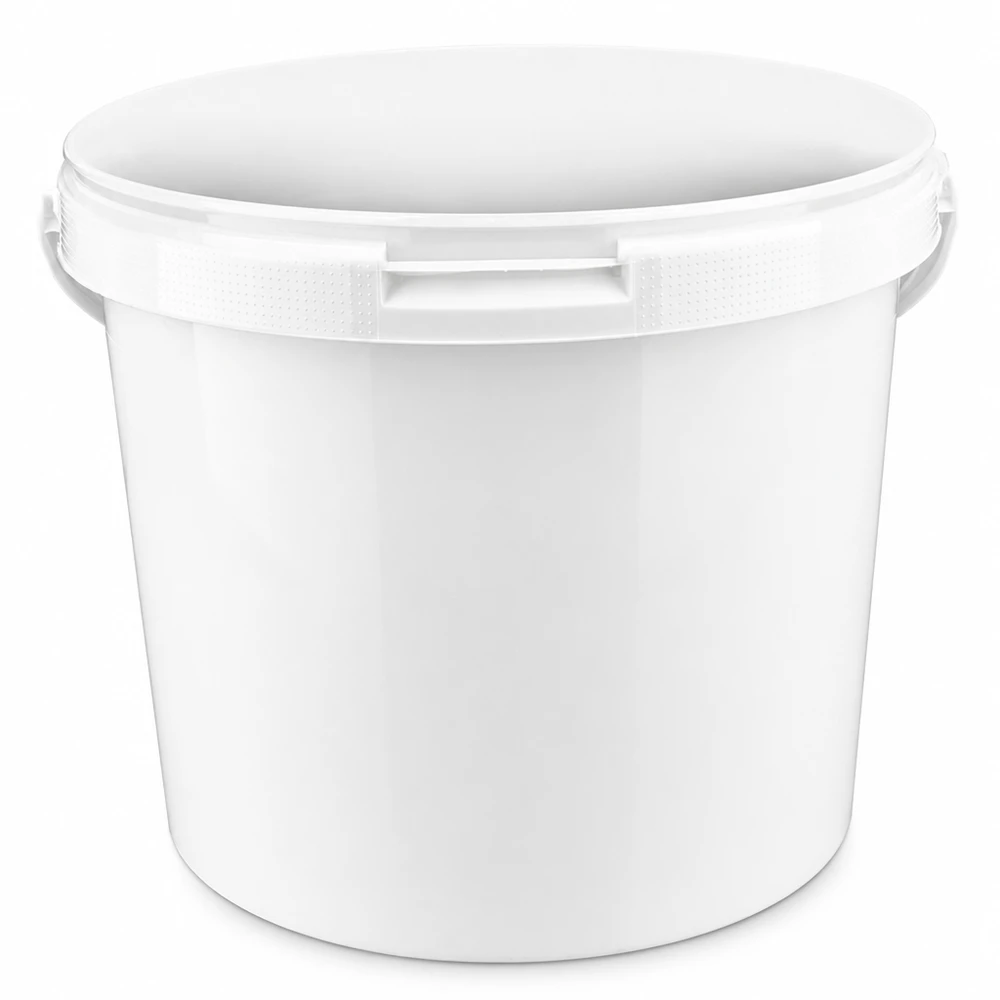 Hink 5.6L av vit polypropenplast utan lock Vit plasthink på 5,6 liter av PP utan lock, med stabil handtagshållare