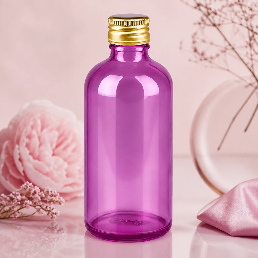 100ml flaska 11mm skruvkork aluminium guld standard PurpleLine. UT18/100 Kompakt 100 ml apoteksflaska av violett glas med praktiskt skruvlock för små mängder