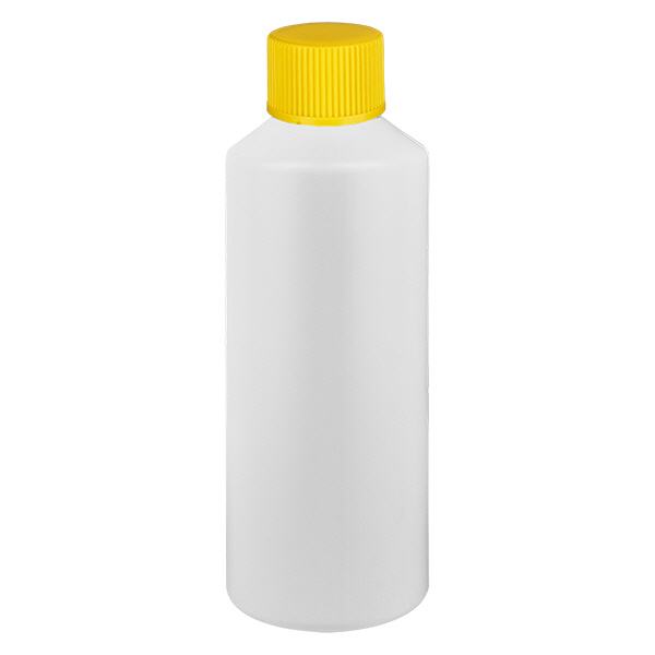 Apoteksflaska HDPE 100ml vit, med gult skruvlock Apoteksflaska HDPE 100ml vit, med gult skruvlock