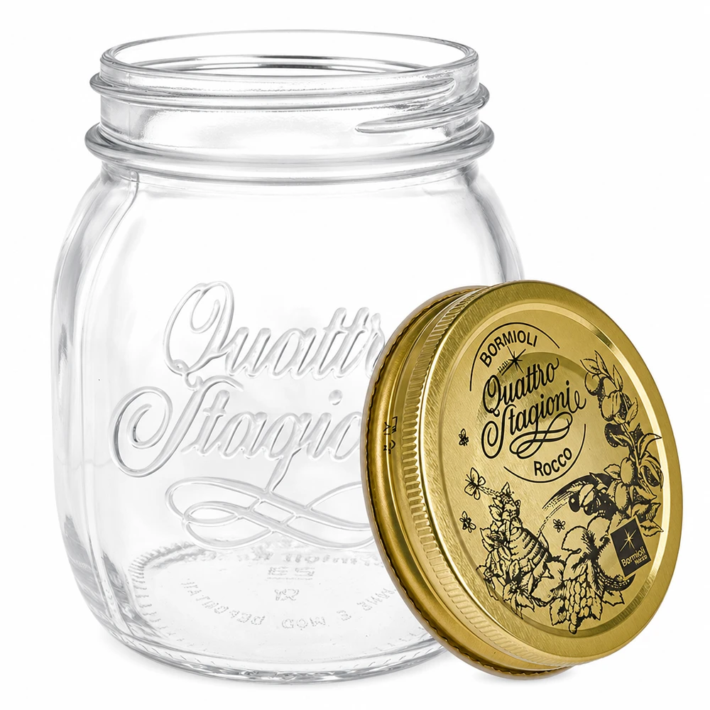 700ml rund burk "Quattro Stagioni" med lock Quattro Stagioni 700 ml konserveringsburk med avtagbart skruvlock Detalj Italiensk burk för konservering
