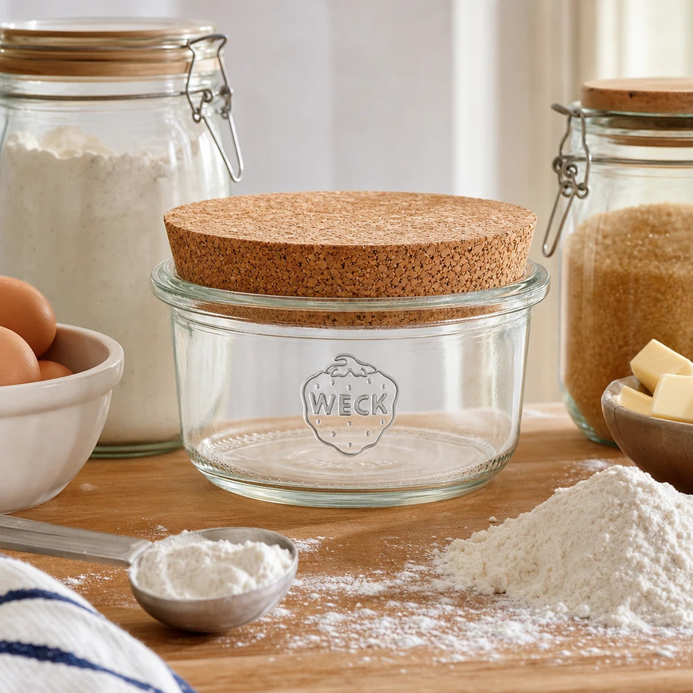 WECK förvaringsburk 165ml RR80 korklock kök bakning ingredienser mjöl ägg smör naturlig förvaring kök scen