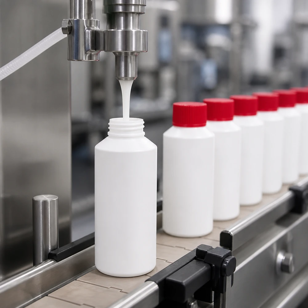 Apoteksflaska HDPE 50ml vit, med rött skruvlock En automatisk fyllningsanläggning fyller vita 50 ml HDPE-apotekarflaskor på ett industriellt transportband