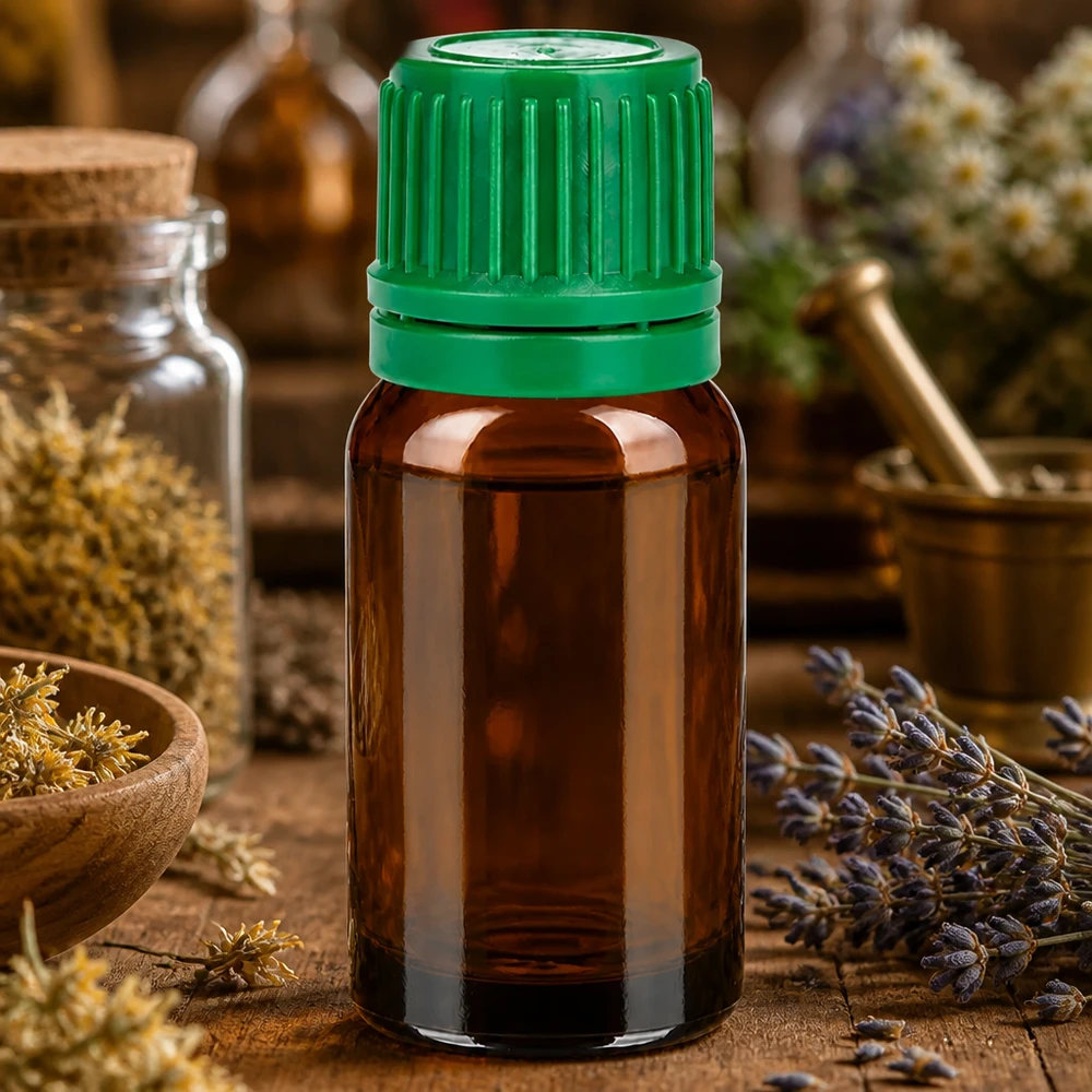 10ml flaska 11mm skruvkork grönt sabotagesäkert lock BrownLine UT18/10 10 ml bärnstensfärgad glasflaska med droppfritt grönt lock, idealisk för örtextrakt och tinkturer