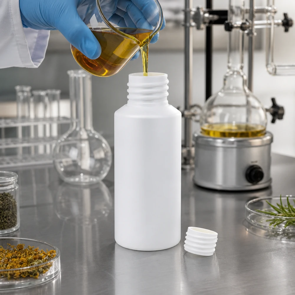 Apoteksflaska HDPE 30ml vit, utan lock Vit HDPE-apotekflaska på 30 ml utan lock vid påfyllning med gult växtextrakt i laboratoriet