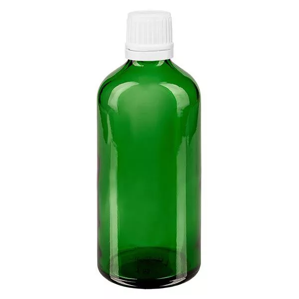 Apoteksflaska grön 100ml skruvkork vit med säkerhetsförslutning Apoteksflaska grön 100ml skruvkork vit med säkerhetsförslutning
