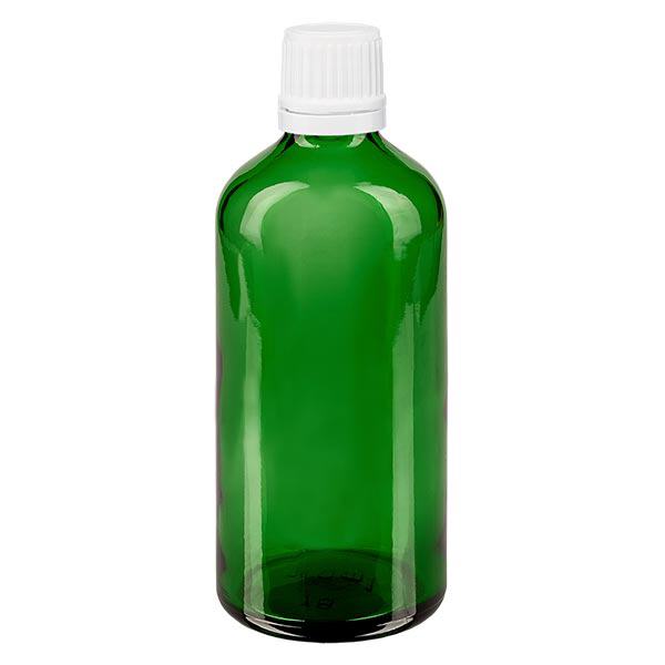 Apoteksflaska grön 100ml skruvkork vit med säkerhetsförslutning Apoteksflaska grön 100ml skruvkork vit med säkerhetsförslutning