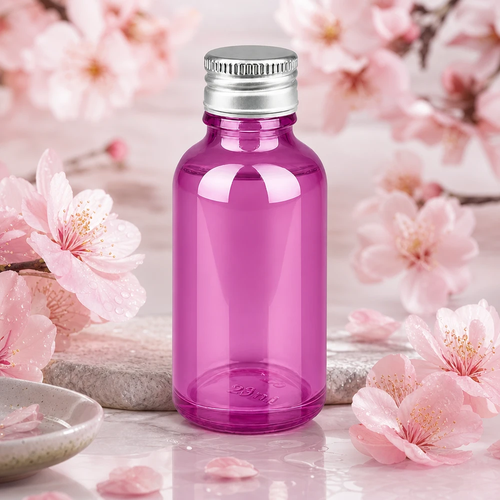 Elegant violett glasflaska 30 ml med matt silverlock för aromaterapi och wellness