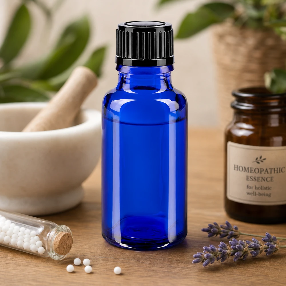 Apoteksflaska blå 20ml droppflaska 1mm svart standard Homeopatisk droppflaska, 20 ml, blått glas med svart barnsäkerhetslock STD