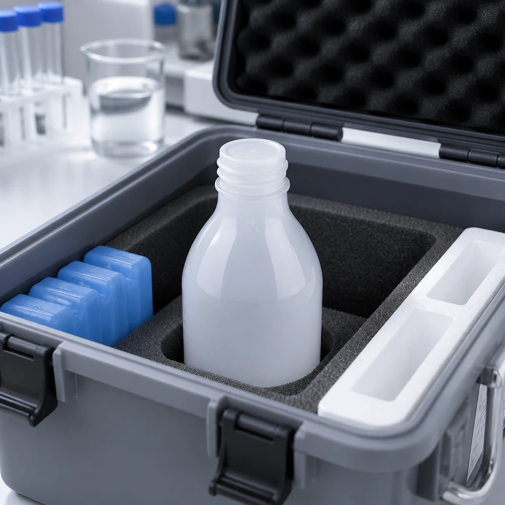 30ml laboratorieflaska med smal hals utan lock 30 ml vit laboratorieflaska med smalt halsrör utan lock i en vadderad transportväska med kylelement