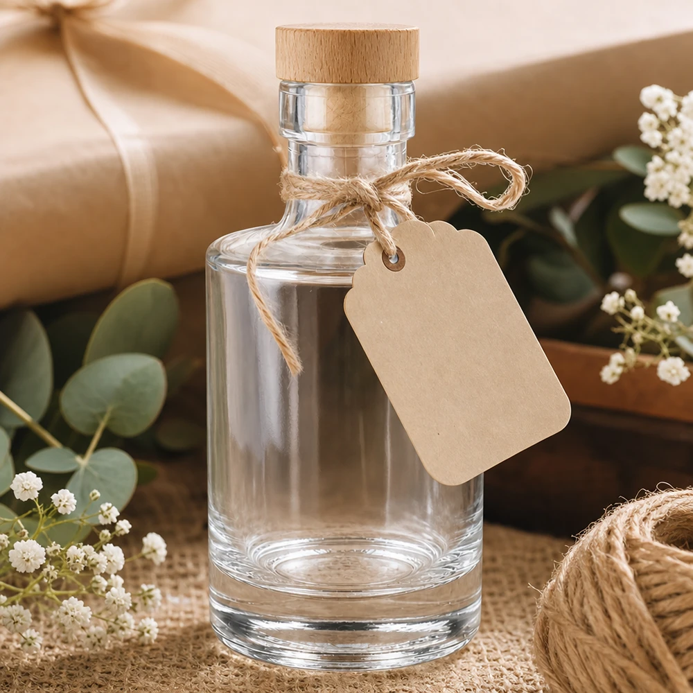 200 ml glasflaska Marie med kork med trähandtag UNiTWIST® 200 ml glasflaska Marie empty med träkork, etikett i kraftpapper, presentförpackning med eukalyptus och gypsophila