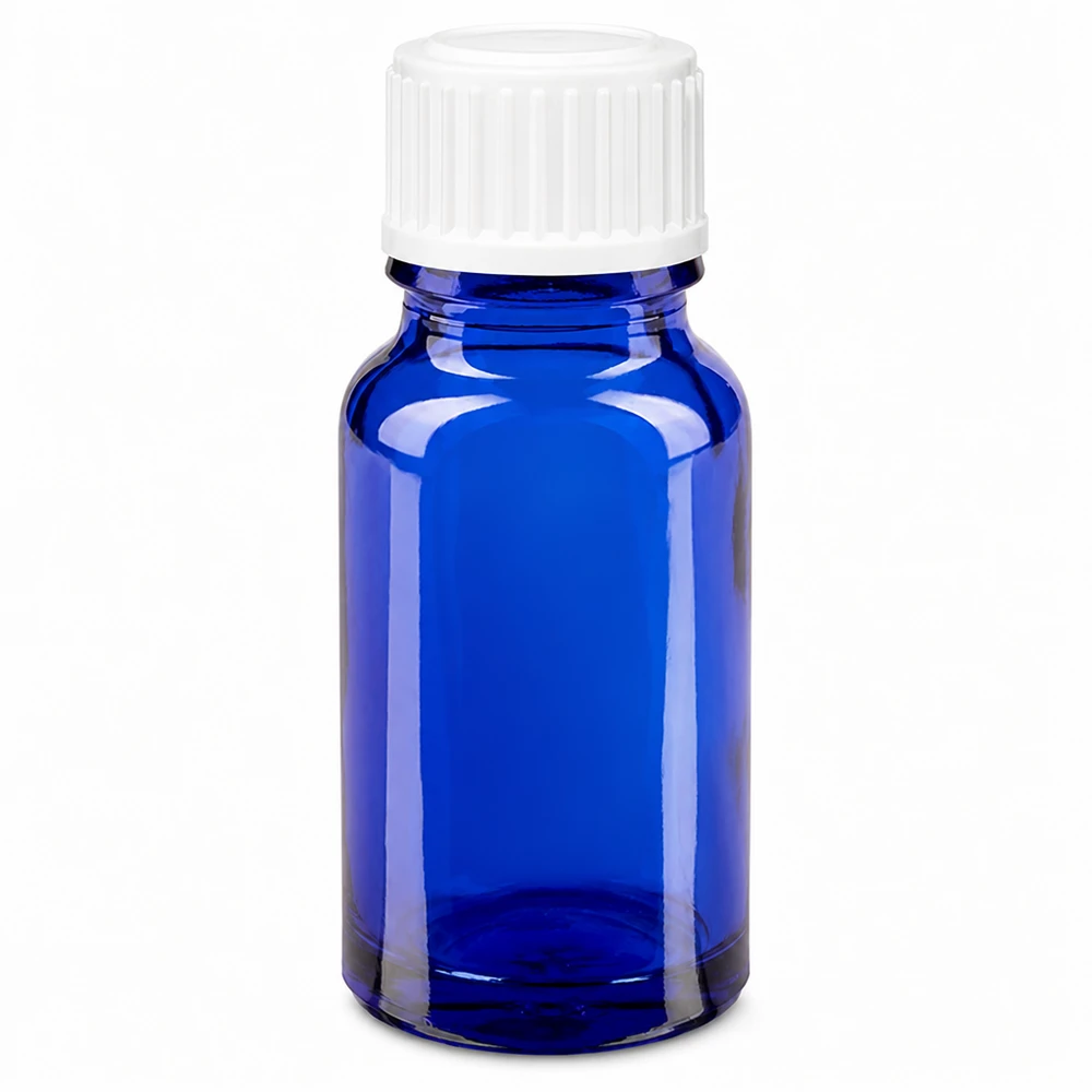 Apoteksflaska blå 10ml skruvkork vit standard 10 ml blå apotekarflaska i glas med vitt skruvlock, 11 mm standard