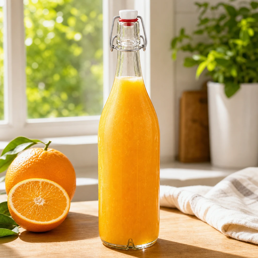 1000 ml glasflaska + svängbar topp PVC UNiTWIST 1000 ml glasflaska med PVC-gungtopp fylld med färsk apelsinjuice bredvid apelsin på fönsterbräda av trä