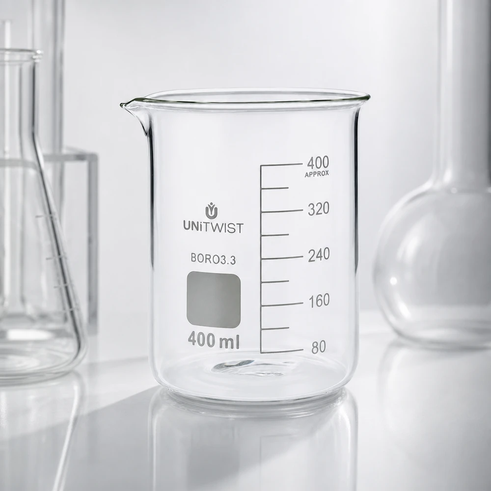 Bägare 400ml borosilikat, lågformad UNiTWIST Tomt UNiTWIST-bägarglas, 400 ml, borosilikatglas 3.3, låg profil med exakt ml-skala