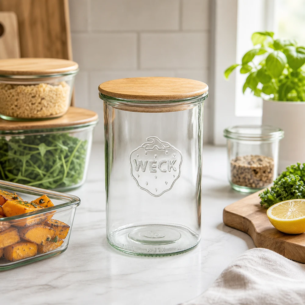 1000ml WECK RR100 Krossade glasögon med trälock WECK dricksglas 1000ml RR100 tomma med trälock i modern köksscen med grönsaker och andra förvaringsburkar