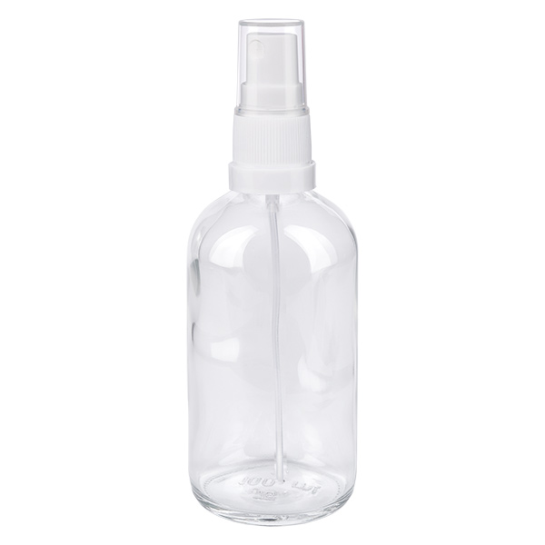 100ml Sprayflaska vit/transparent standardlock ClearLine UT18/100 100 ml sprayflaska i klart glas med vit sprutmunstycke, ClearLine-serien