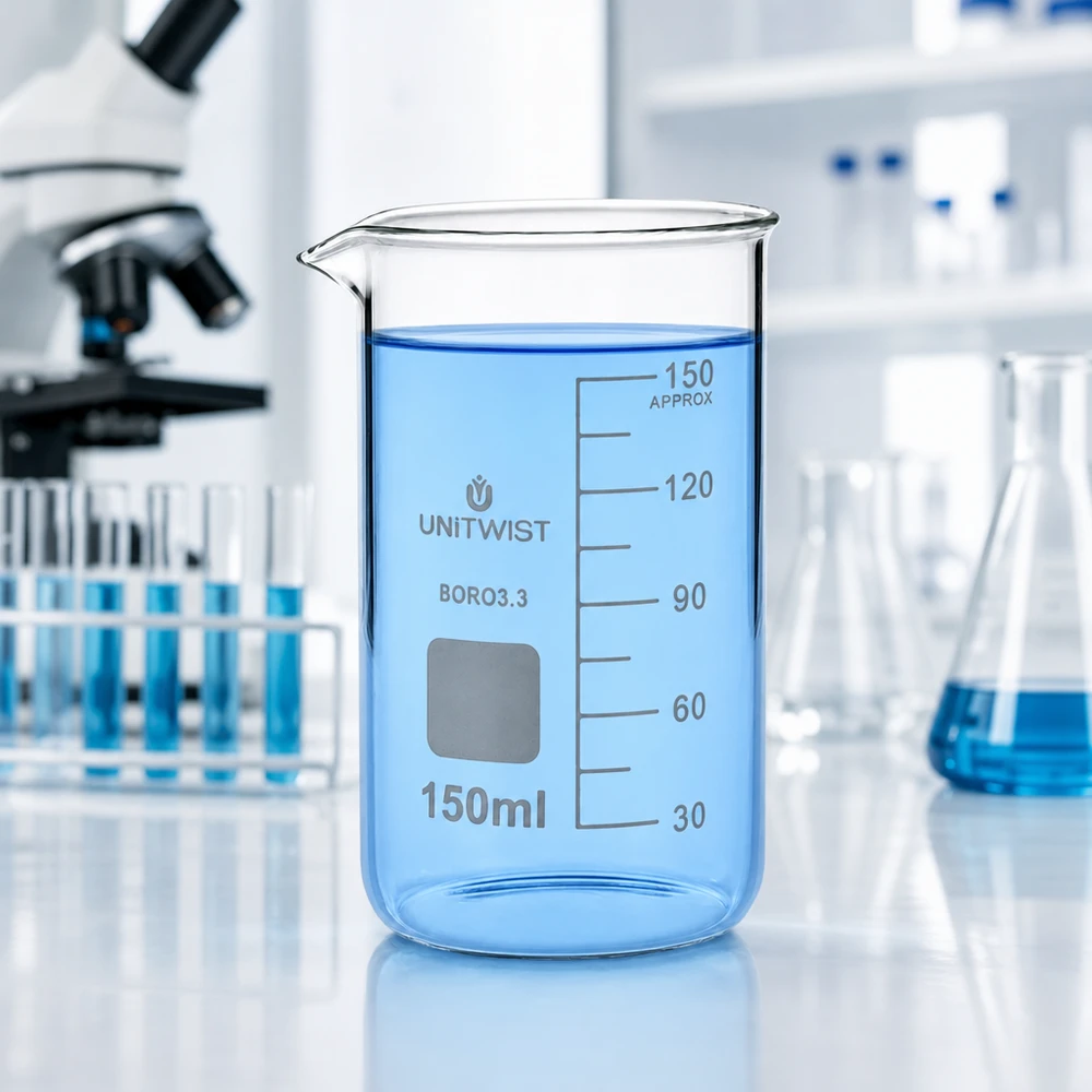 Laboratoriebild: UNITWIST-bägare, 150 ml, hög form, borosilikatglas, fylld med blå vätska