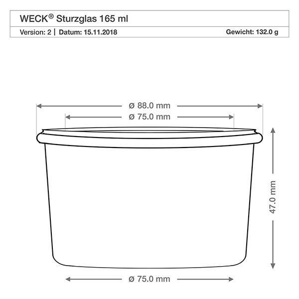 165 ml burk WECK RR80 Teknisk ritning 165ml WECK tumlare RR80 med mått 88mm diameter 47mm höjd 132g vikt