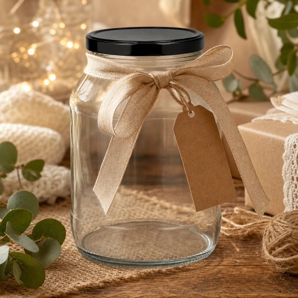 Stor 2650ml rund burk med svart lock som present dekorerad med en beige rosett och hänge i en rustik atmosfär.