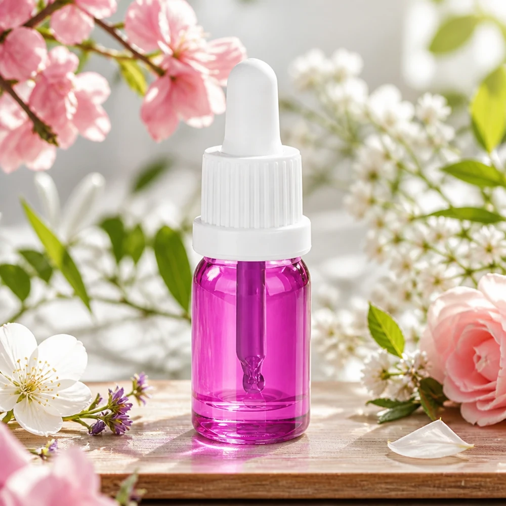 Kompakt 5 ml pipettflaska med transparent violett glas och vitt dropplock