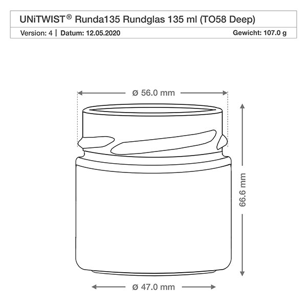 135ml rund glasburk utan lock (TO58deep) UNiTWIST UNiTWIST Runda135 runda glas 135ml TO58 Djup teknisk ritning med mått 56mm diameter 66.6mm höjd