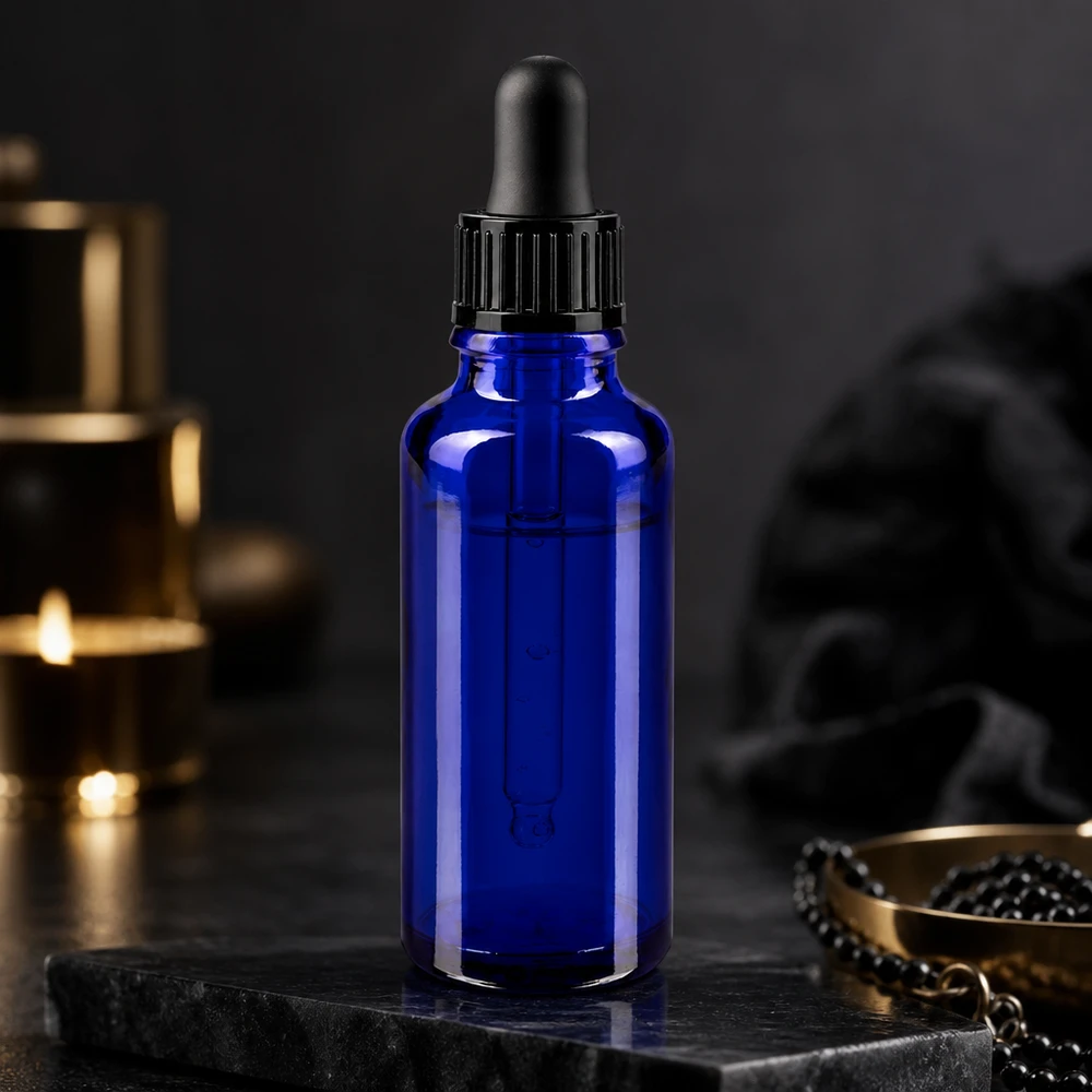 Blå glasflaska på 30 ml med svart pipett, elegant framhävd på mörk skiffersten