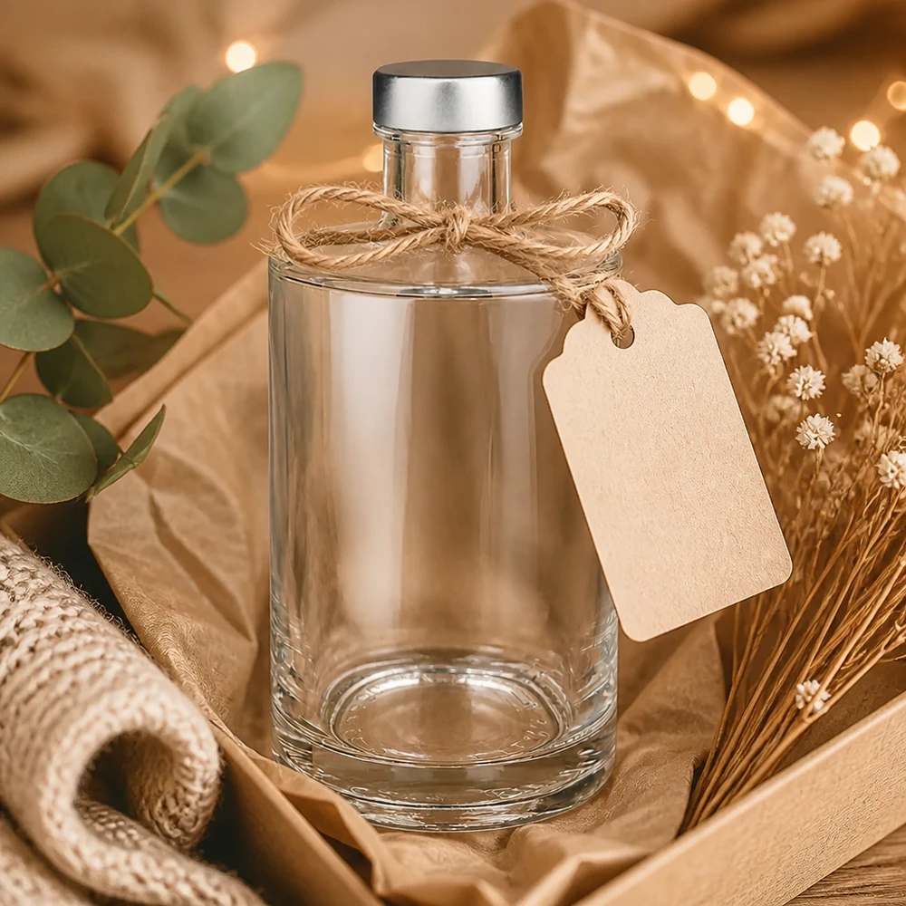 375 ml glasflaska Sam och skruvkork silver UNiTWIST® 375ml Glasflasche Sam dekorativ inszeniert mit Bastschleife und Geschenkanhänger in gemütlichem Wohnambiente