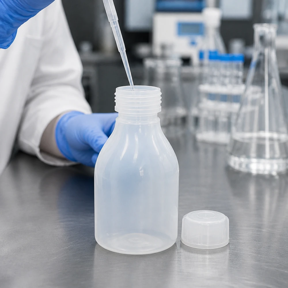 30ml skruvflaska, laboratorieflaska med smal hals En laboratorieassistent pipetterar vätska i en genomskinlig 30 ml plastflaska med skruvlock, medan han bär en blå handske