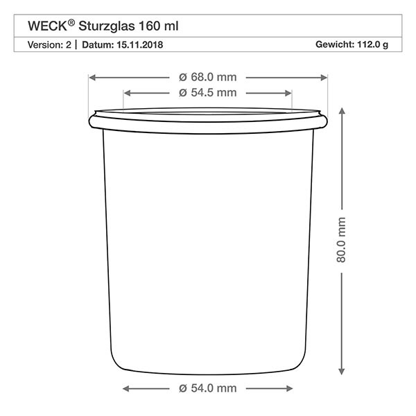 160ml Krossade glasögon WECK RR60 WECK 160ml RR60 tumblers teknisk ritning med mått diameter 68mm höjd 80mm vikt 112g