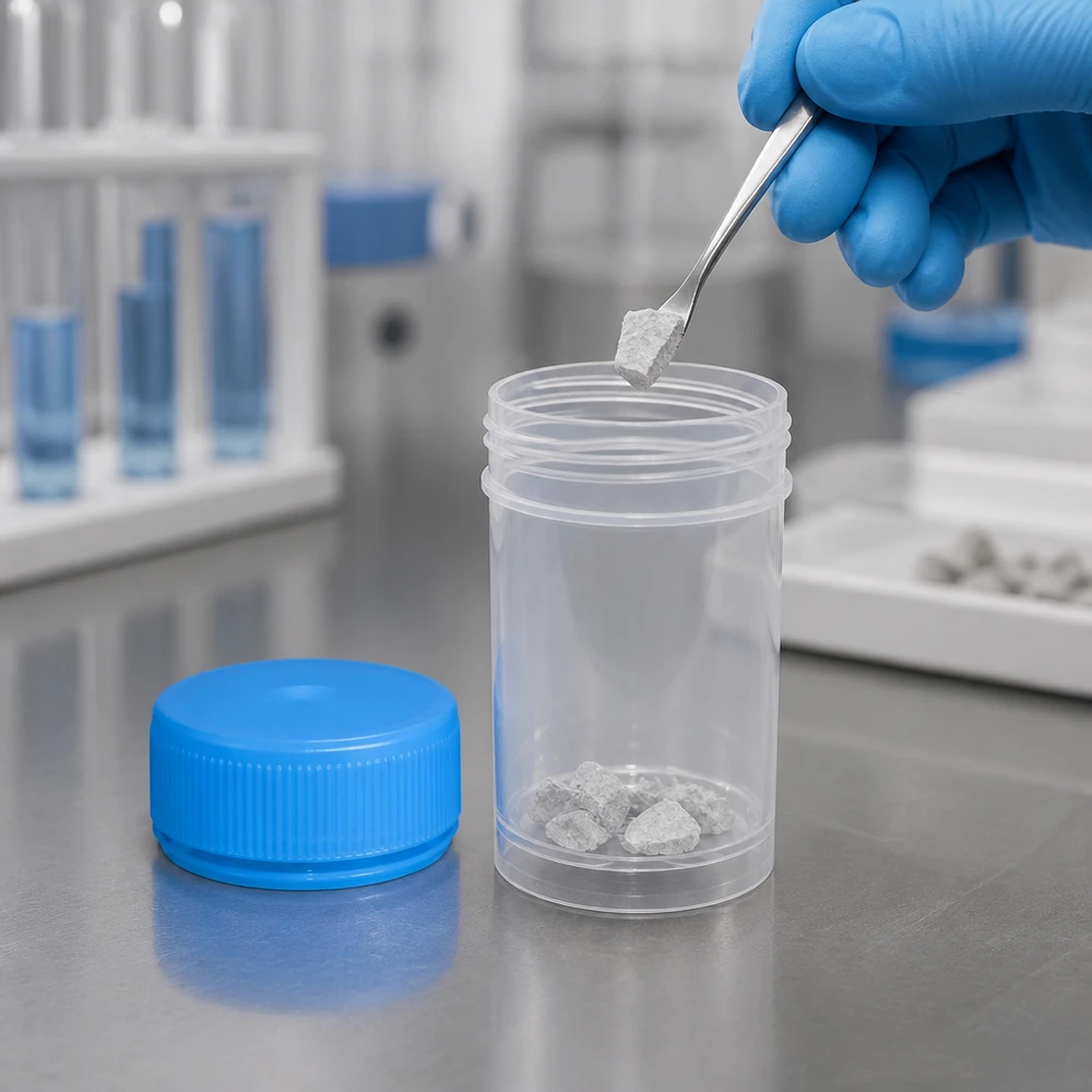 En öppnad burk med patogenbehållare (20 ml) innehållande stenprover och en pincett i ett medicinskt laboratorium